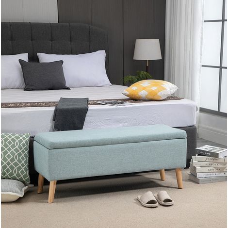 Banc de rangement scandinave 110x39x45 cm en polyester aspect lin vert clair HAVRYA (1/5)