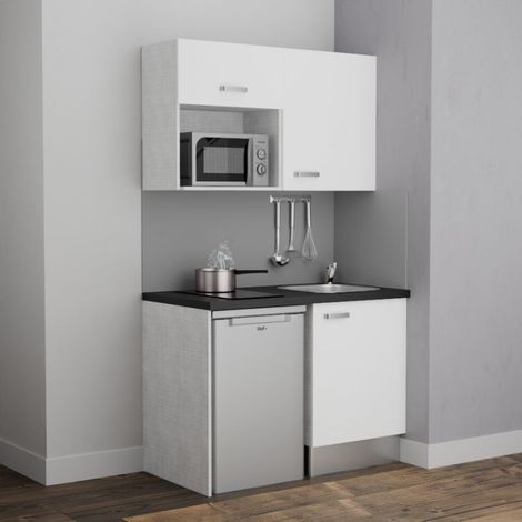 Kitchenette K07L-PT - 120 cm avec plan de travail et évier, emplacements frigo et micro-ondes - Façade Blanc - Plan Noir texturé - Evier Inox - Crédences Non