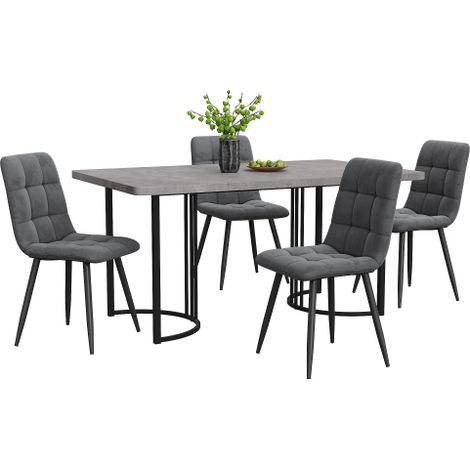 Table 140x80 cm gris MDF, 4 chaises velours gris foncé, pieds métal noir