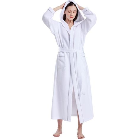 Peignoir gaufré en coton d'hôtel, séchage rapide, absorbant, long, doux, à capuche, unisexe, blanc - M (1/5)