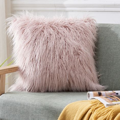 Ensemble de Coussin Décoratif Carré Luxueux en Peluche 18x18 pouces, Housse Shag Glam, Décoration Chambre et Salon (Rose Blush) (1/5)