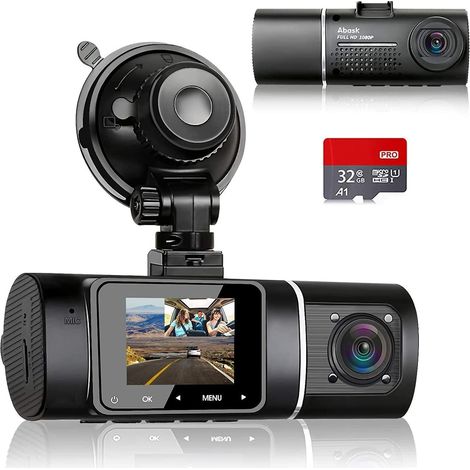 Caméra embarquée avant et double caméra intégrée 1080p Full HD - Angle de vision 170°/140° avec vision nocturne, mode parking, capteur G, enregistrement en boucle, WDR - Carte mémoire 32 Go incluse (1/4)