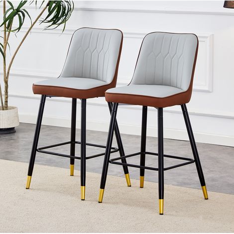 REDOM - Lot de 2 tabourets de bar, dossier ergonomique, repose pieds, métal et PU, marron, gris clair et noir (1/5)