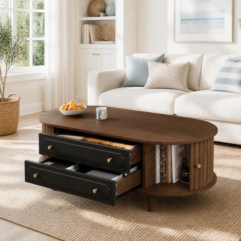 Mesa de centro 100 x 50 x 36 cm, 2 cajones, efecto nogal y negro DESVIAE (1/5)