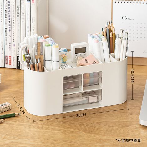 Bureau organisateur, porte-stylos avec 3 tiroirs et 7 compartiments, rangement fournitures de bureau pour maison, école (blanc cassé) (1/2)