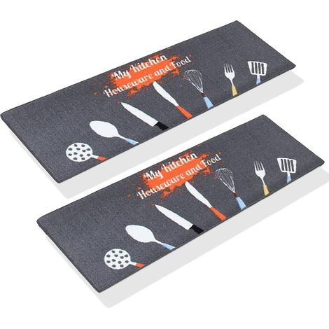 Two-piece set of non-slip, machine-washable kitchen mats, bathroom mats, doormats, and kitchen floor mats (grey kitchen utensil pattern).