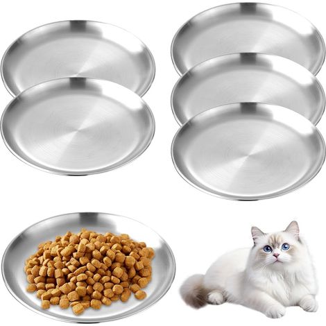 Ciotole piatte in acciaio inox per gatti, diametro 14 cm, facili da pulire, adatte a criceti, conigli, piccoli animali, cani e gatti (color argento) (1/5)