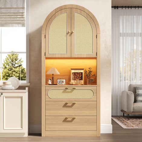 Buffet haut 80 x 35 x180 cm, Armoire de Rangement, Bibliothèque avec Portes en Rotin et LED, 3 Tiroirs, Moderne Bohème pour Salon et Couloir, Chêne Clair