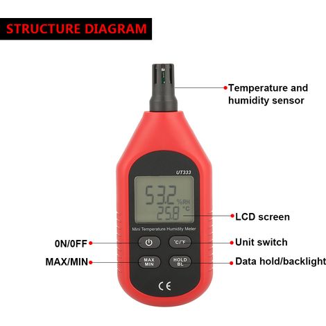 Uni T UT333 Mini-LCD-Digitalthermometer mit Lufttemperatur- und Feuchtigkeitsmesser (1/5)