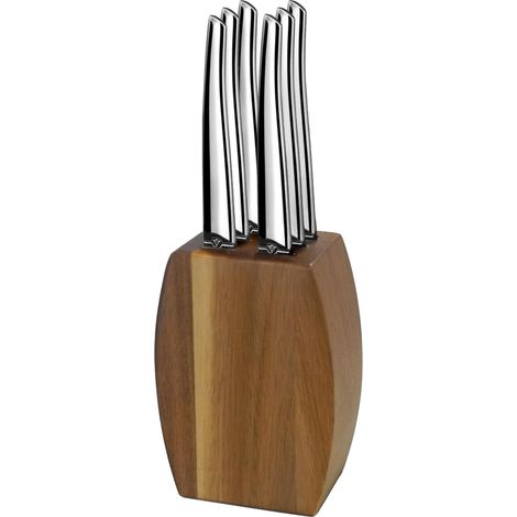 Bloc avec 6 couteaux steak en Inox Jet 9x5x12 cm, Bois accacia (1/5)