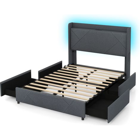 Lit 140x200, Éclairage LED et Multiprise USB-C &USB-A, 4 Grands Tiroirs, 2 Poches de Rangement, avec Sommier à Latte, Tête de Lit Rembourrée (1/5)