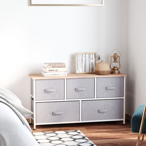 Commode meuble de rangement 100 x 30 x 54 cm 5 tiroirs non-tissés gris structure acier blanc bois clair