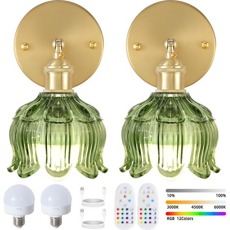 Lot de 2 appliques murales LED rechargeables avec télécommande, lampe de chevet sans fil, intensité variable, changement de couleur RVB, 3 000K-6 000K (1/5)