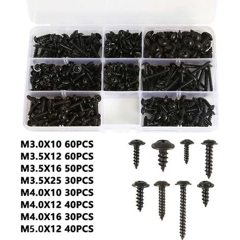 340PCS Assortiment de Vis Autotaraudeuse M3 M3.5 M4 M4.8 Vis à Tole Noire Cylindrique Vis Autoperceuse Vis Autoforeuse Noir de Bonne Qualité Durable Plaqué au Zinc avec Boîte Plastique Pratique (1/5)