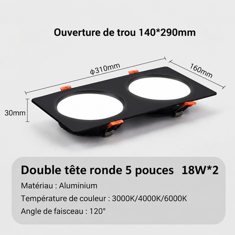 Spot LED encastrable double tête 18W2 noir ultra-plat 3 cm blanc chaud 3000K 18w noir 3000k 500 g – Livraison gratuite