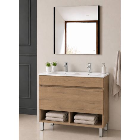 Badmöbel mit Füßen mit Waschbecken extra flach ORIGENBATH NEBARI mit Füßen und Schublade ohne Spiegel 120x45 cm Doppelwaschbecken Estepa (1/5)