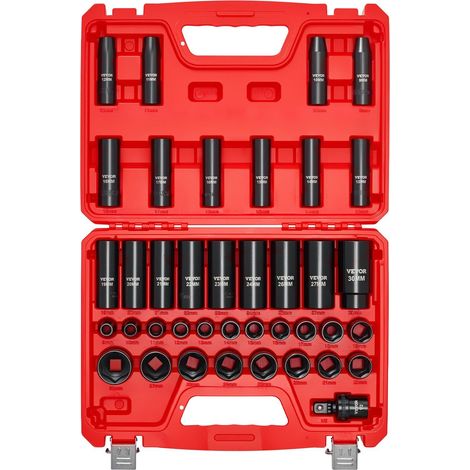 Coffret de douilles à choc 1/2 pouce 39 pièces en acier Cr-V, douilles métriques 9 à 30 mm avec cardan et transport robuste (1/5)