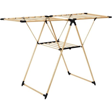 1 Étendoir à linge, 18m linéaire, acier inoxydable, design effet bois, pliable, intérieur extérieur (1/5)