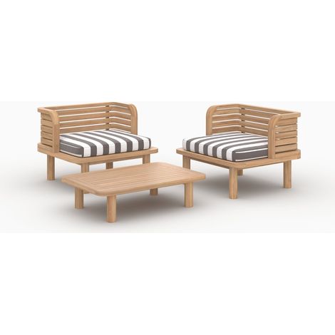 Set de jardín Kilda 2 plazas en teca y tela a rayas grises, 2 sillas