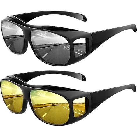 2-in-1-Fahrradbrille – Schwarz (Nacht + Sonne) – Brillenkompatibel – UV400-Schutz 100 % – polarisiert – Sport/Fahrrad/Motorrad