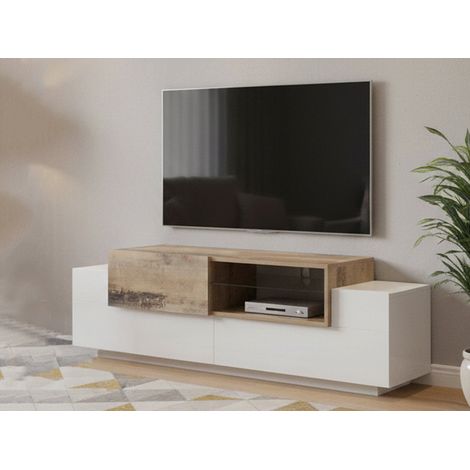 Dmora Mueble para TV para salón, Made in Italy, mueble para TV con 3 puertas, 160x45h51 cm, blanco brillante y color arce, con embalaje reforzado (1/5)