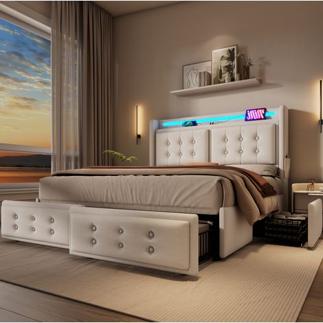 Polsterbett 160/200 cm Beige mit Matratze, LED, USB-C und 4 Schubladen (1/5)