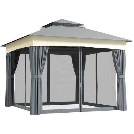 Gazebo à double toit (3 x 3 m) — Hydrofuge, robuste, durable et résistant au gel  inclut des moustiquaires et des rideaux latéraux. Structure métallique, idéal pour jardins ou terrasses — Gris foncé.