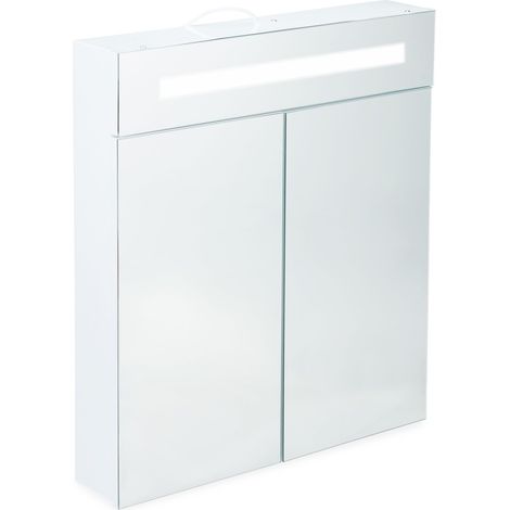 Relaxdays LED Spiegelschrank, 2 Türen, 3 Fächer, Steckdose, LED-Wandschrank, Stahl, H x B x T: 67 x 60 x 12 cm, weiß (1/5)