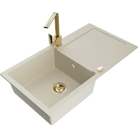 Mexen Leo lavello in granito a 1 vasca con scolapiatti e miscelatore cucina Rita, beige - 6501-69-670300-50 (1/5)