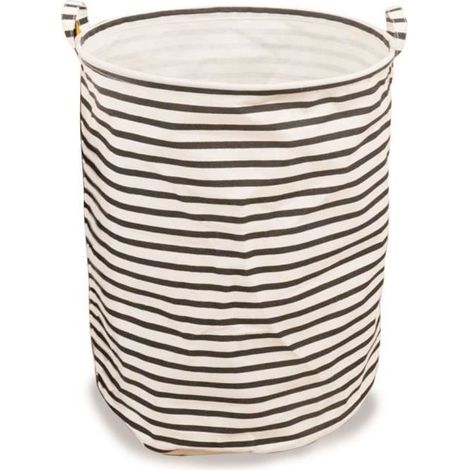 1 panier à linge pliable en coton et lin, design rond avec rayures noires, rangement textile, idéal pour appartement, étudiant ou chambre d’enfant (1/2)