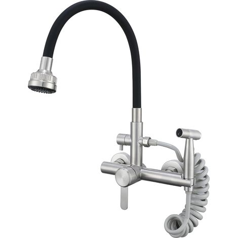 Wandmontierte Küchenarmatur mit Brausepistole, 4 Strahlarten, wandmontierte Waschtischarmatur, Badarmatur mit Ausziehbrause, gebürsteter Edelstahl (1/5)