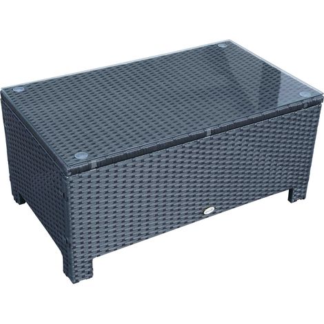 Table Basse Jardin Plateau Verre Trempé 5 mm Rotin Tressé 85x50x39cm Noir 50 kg