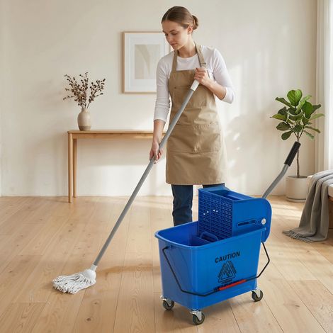 Bleu 45x26,5x70 cm - Seau à récurer doté de panneau séparateur de gouttière et roues Capacité 20L pour nettoyage domestique (1/4)