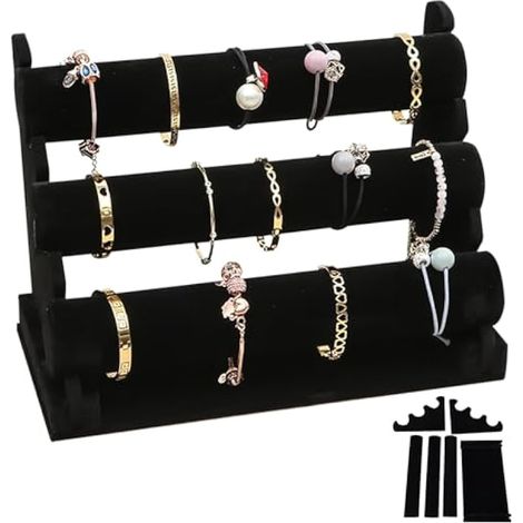 Présentoir à bracelets en velours avec 3 étages amovibles : présentoir noir pour bracelets et bijoux pour femmes et filles, porte-bijoux en velours, porte-bijoux pour bracelet, collier et (1/5)