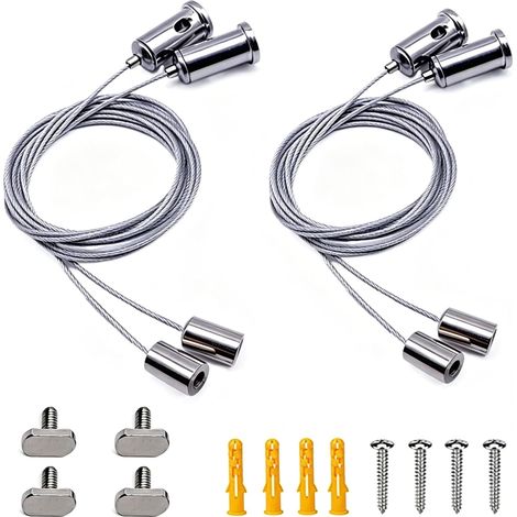 4-Piece Ceiling Suspension Kit, Adjustable, Stainless Steel Cable 1.5 mm, 1 m For LED lighting, ceiling light, photo frame, mirror, easy installation, screws and wall plugs included, capacity 20 kg (1/5)