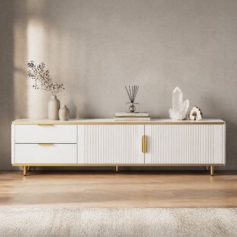 Mobile TV 170x37x45 cm in MDF e pannelli di legno bianco e dorato, con ripiano, soggiorno FloraGrace (1/5)