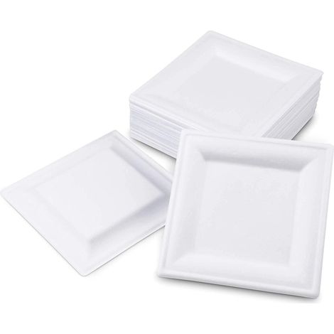 Pack de 50 assiettes carrées jetables en papier de canne à sucre