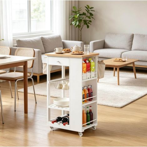 Carro de cocina móvil con ruedas, 50 x 37 x 87 cm, blanco, MDF, bambú y metal, OKWISH (1/4)
