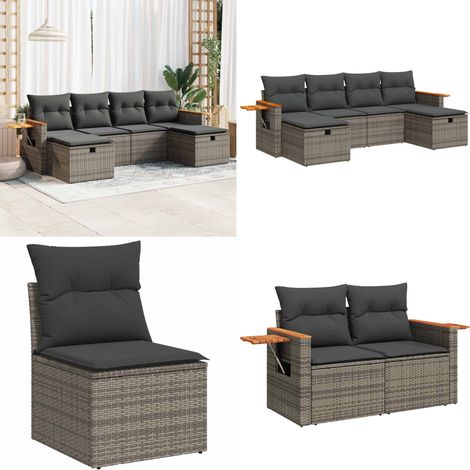 Set de muebles de jardín 6 pzas y cojines ratán sintético gris - Muebles de jardín - Sofás de jardín