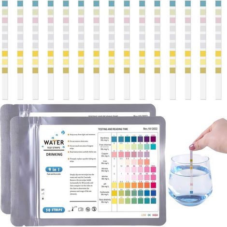 100 9-in-1-Wasserteststreifen, Wasseranalyse-Sets für Trinkwasser: freies Chlor, Gesamtchlor, pH-Wert, Wasserhärte (1/5)