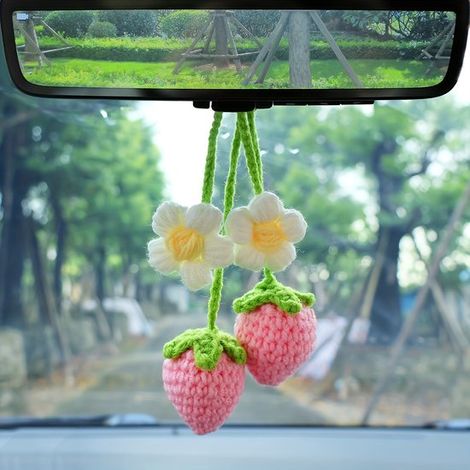 3 accessori per auto all'uncinetto, decorazioni per auto fatte a mano per donne e ragazze, graziose decorazioni per auto (rosa, blu, giallo) (1/5)