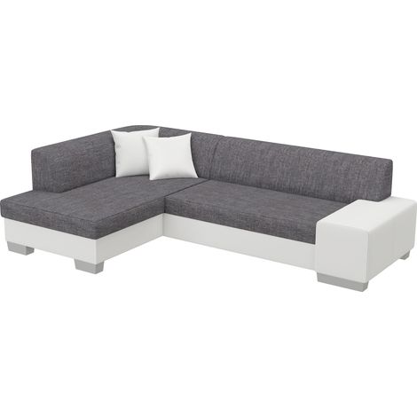 Canapé convertible angle gauche simili cuir blanc et tissu gris Polky 272cm (1/5)