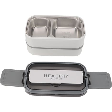 Boîte repas Bento double étage en acier inoxydable 316, compartiments, avec couverts, portable pour travail école bureau, 1400 ml, blanc (1/5)