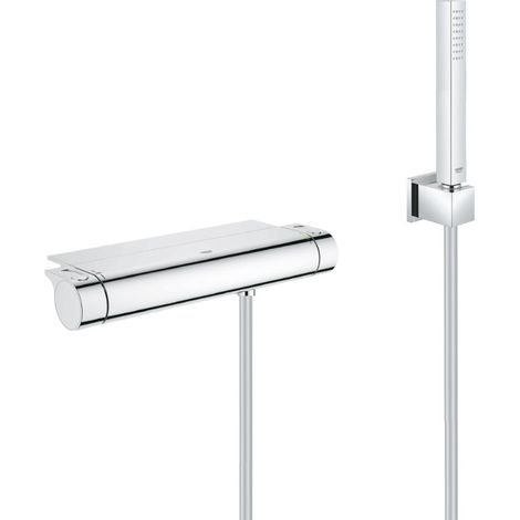 Grohe Set de douche mitigeur thermostatique Grohtherm + Douchette Stick 1 jet, support mural, flexible, Chrome (34469001-CUBESTICK)