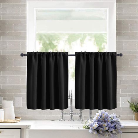 Rideaux Occultants Courts 106x91 cm Lot de 2 - Tissu Uni Haute Précision Noir, Style Champêtre pour Fenêtre de Cuisine, Baie Vitrée ou Petite Fenêtre-lsw (1/2)
