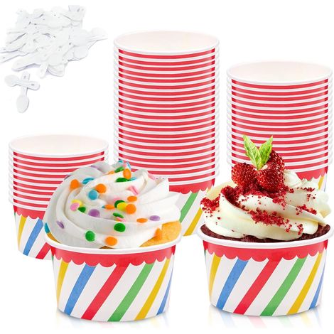 50 Pièces Coupes à Glace 200 ml, Rayures Colorées, Papier, avec Cuillères (1/5)