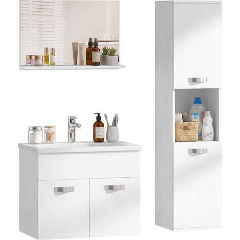 Kleankin – Ensemble de meubles de salle de bain mural 4 pièces – Lavabo céramique, meuble sous vasque, miroir et armoire haute – Blanc, rangement optimisé