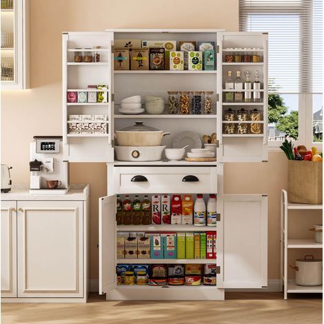 Geschirrschrank MDF Weiß 80x40x182 cm mit 4 Türen, 1 Schublade, 6 Türablagen und 4 verstellbaren Einlegeböden (1/5)