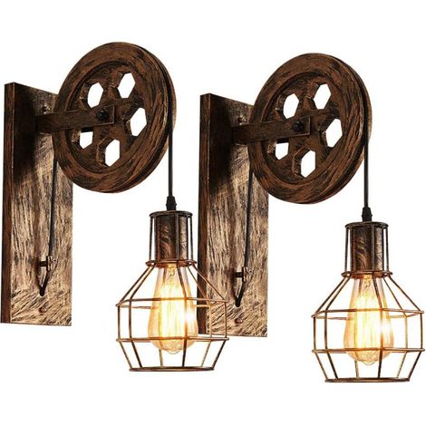Lot de 2 Appliques Murales Industrielle, Éclairage Mural Vintage Poulie Lampe de Mur Luminaire Intérieur - Bronze