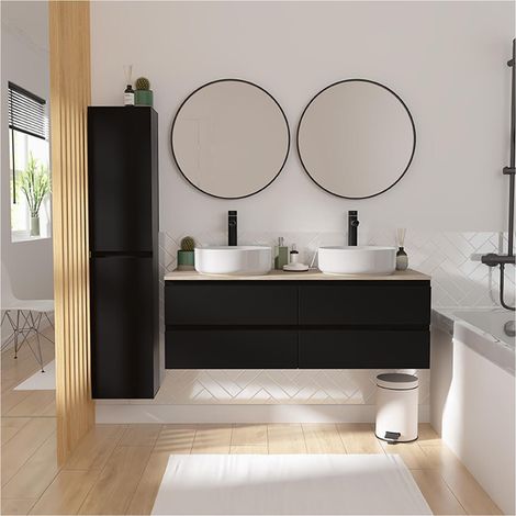 Mob-In – Meuble double vasque suspendu 120 cm – 2 vasques en céramique – 4 tiroirs résistants – Colonne avec portes réversibles – Noir carbone